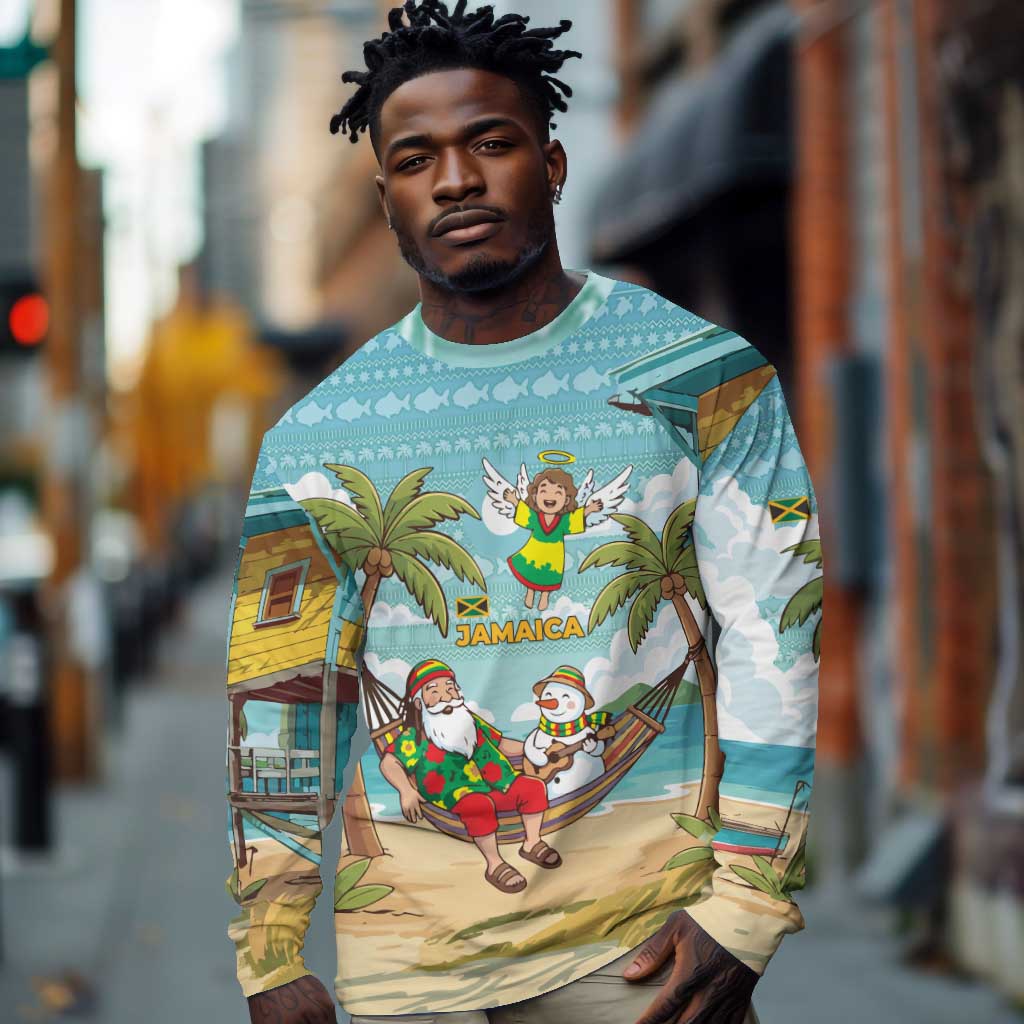 Jamaica Christmas Long Sleeve Shirt Rasta Santa Snowman Hammock Angel Palm Trees and Tropical Beach - African Pride