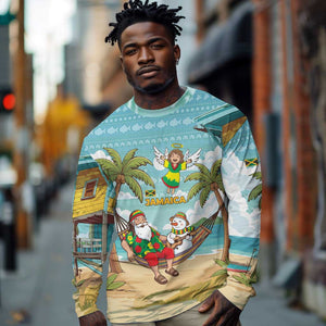 Jamaica Christmas Long Sleeve Shirt Rasta Santa Snowman Hammock Angel Palm Trees and Tropical Beach - African Pride