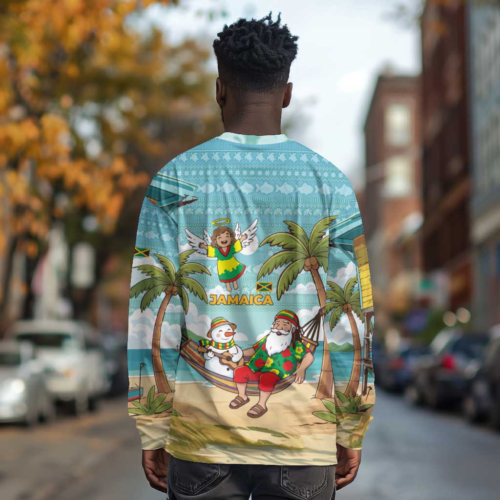 Jamaica Christmas Long Sleeve Shirt Rasta Santa Snowman Hammock Angel Palm Trees and Tropical Beach - African Pride