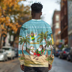 Jamaica Christmas Long Sleeve Shirt Rasta Santa Snowman Hammock Angel Palm Trees and Tropical Beach - African Pride