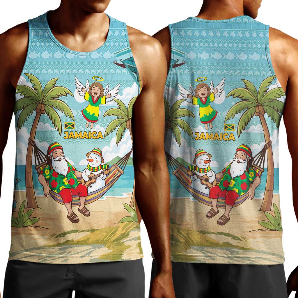 Jamaica Christmas Men Tank Top Rasta Santa Snowman Hammock Angel Palm Trees and Tropical Beach - African Pride