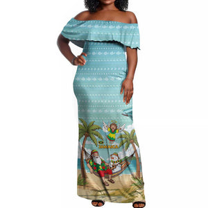 Jamaica Christmas Off Shoulder Maxi Dress Rasta Santa Snowman Hammock Angel Palm Trees and Tropical Beach - African Pride