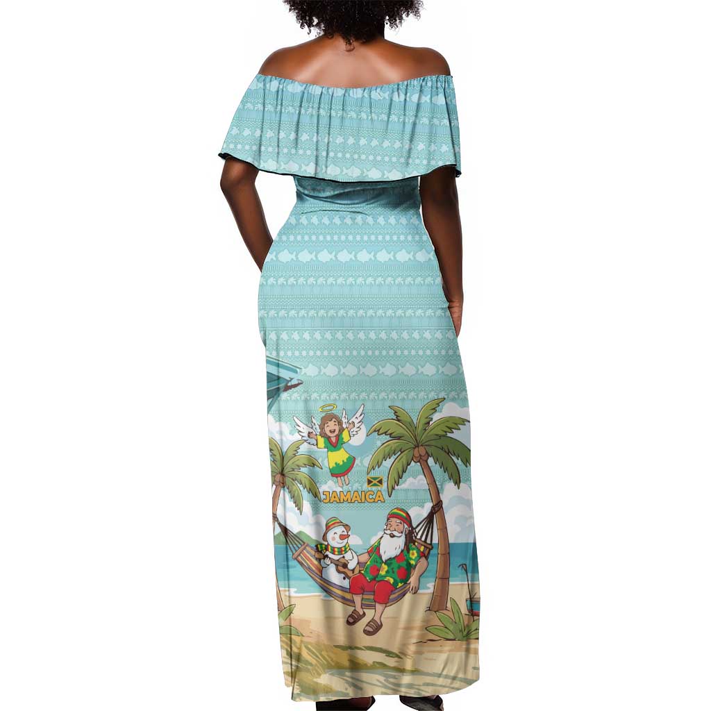 Jamaica Christmas Off Shoulder Maxi Dress Rasta Santa Snowman Hammock Angel Palm Trees and Tropical Beach - African Pride
