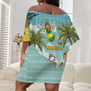 Jamaica Christmas Off Shoulder Short Dress Rasta Santa Snowman Hammock Angel Palm Trees and Tropical Beach - African Pride