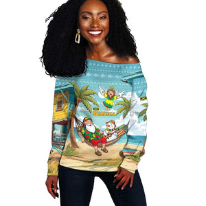Jamaica Christmas Off Shoulder Sweater Rasta Santa Snowman Hammock Angel Palm Trees and Tropical Beach - African Pride