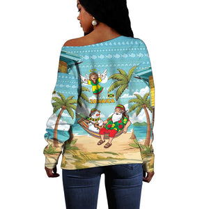 Jamaica Christmas Off Shoulder Sweater Rasta Santa Snowman Hammock Angel Palm Trees and Tropical Beach - African Pride