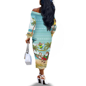 Jamaica Christmas Off The Shoulder Long Sleeve Dress Rasta Santa Snowman Hammock Angel Palm Trees and Tropical Beach - African Pride