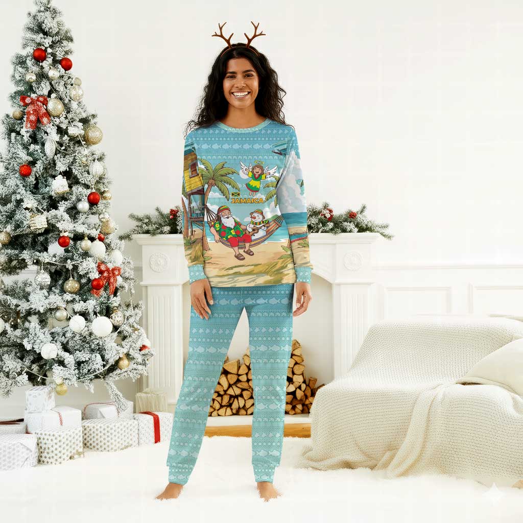 Jamaica Christmas Pajama Set Rasta Santa Snowman Hammock Angel Palm Trees and Tropical Beach - African Pride
