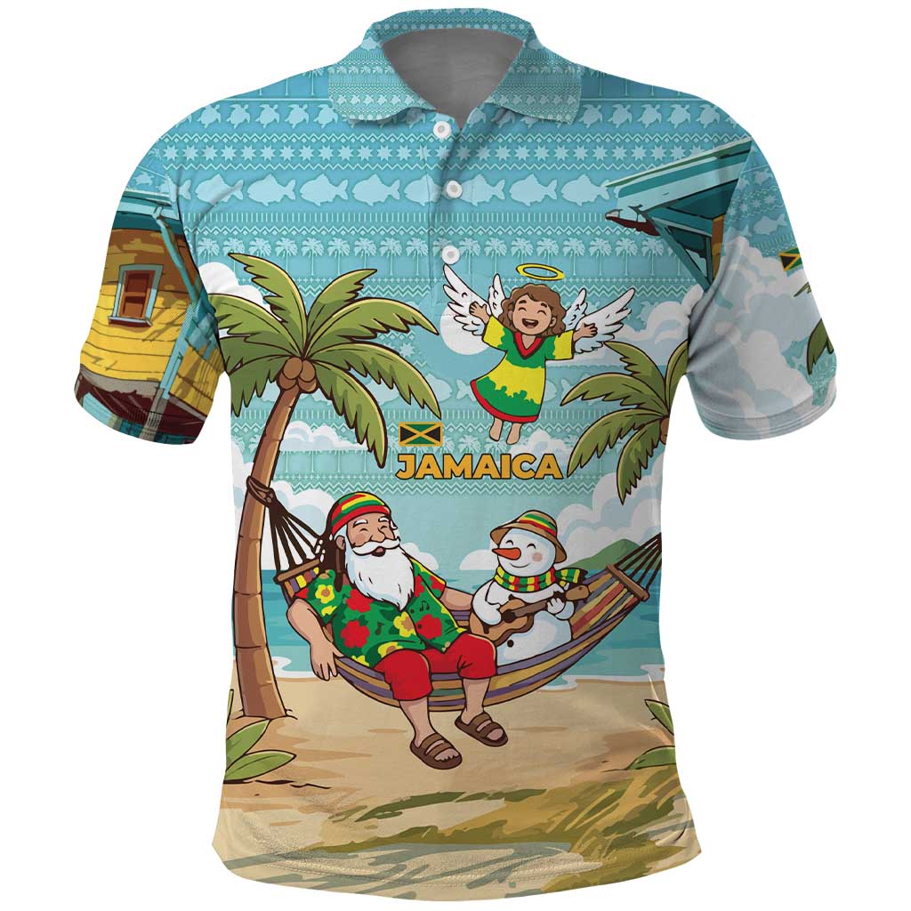 Jamaica Christmas Polo Shirt Rasta Santa Snowman Hammock Angel Palm Trees and Tropical Beach - African Pride