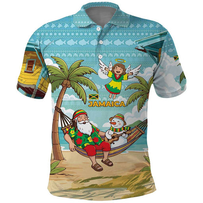 Jamaica Christmas Polo Shirt Rasta Santa Snowman Hammock Angel Palm Trees and Tropical Beach - African Pride