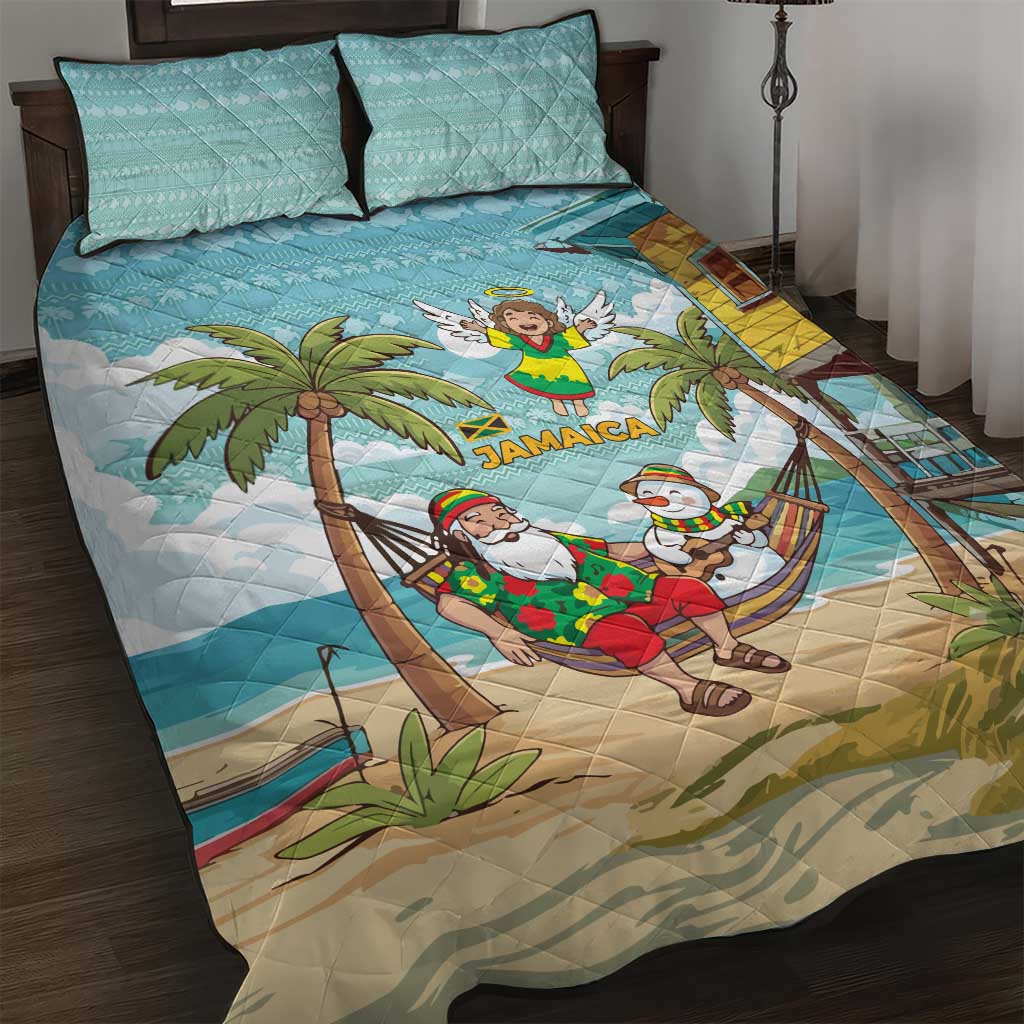 Jamaica Christmas Quilt Bed Set Rasta Santa Snowman Hammock Angel Palm Trees and Tropical Beach - African Pride