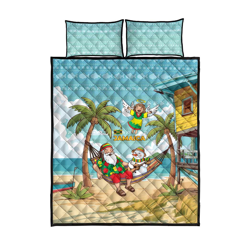 Jamaica Christmas Quilt Bed Set Rasta Santa Snowman Hammock Angel Palm Trees and Tropical Beach - African Pride