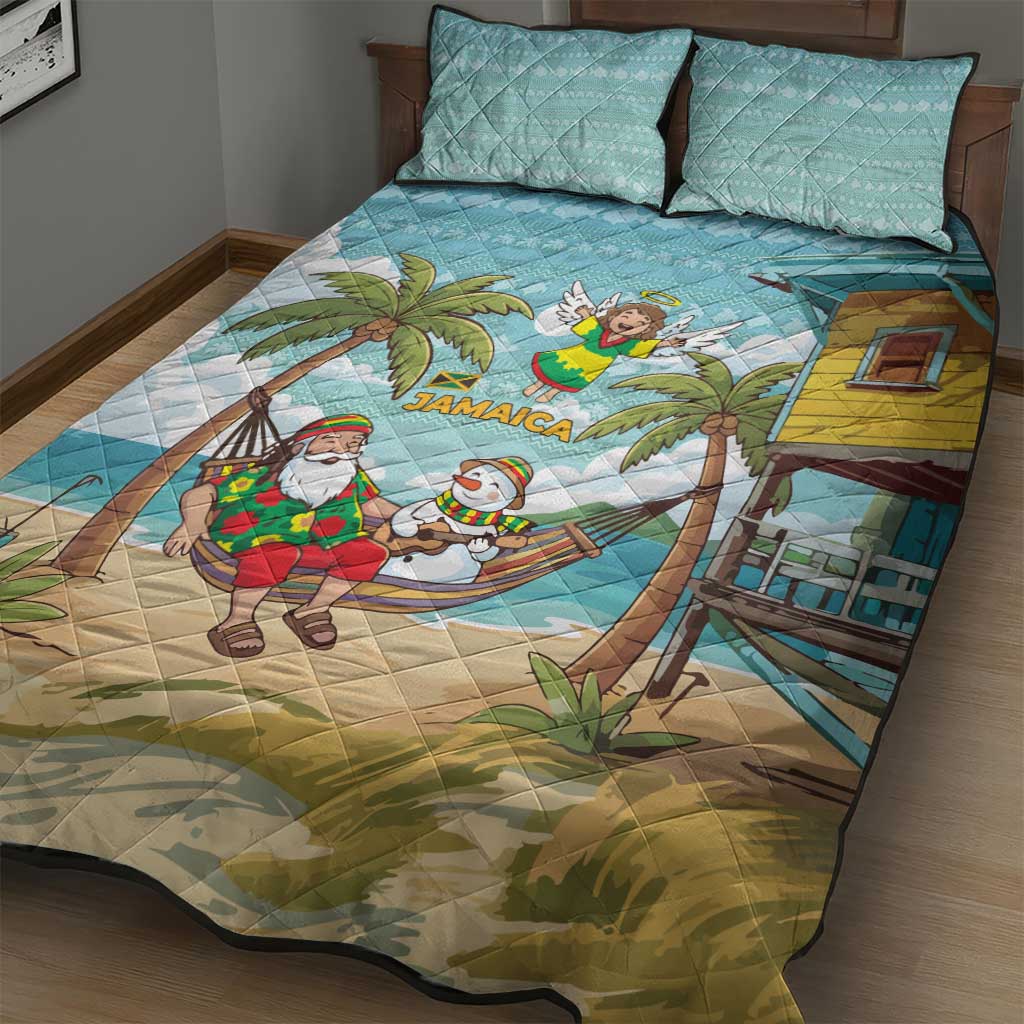 Jamaica Christmas Quilt Bed Set Rasta Santa Snowman Hammock Angel Palm Trees and Tropical Beach - African Pride