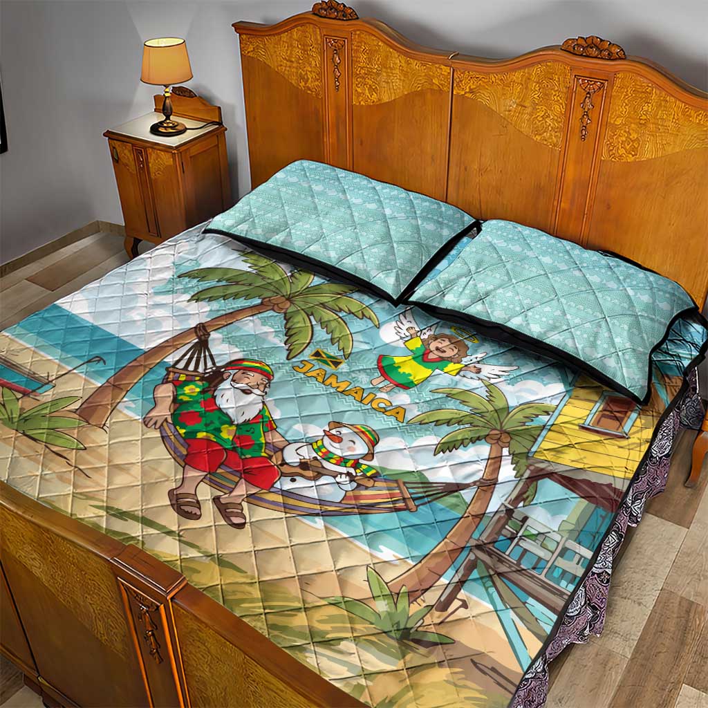 Jamaica Christmas Quilt Bed Set Rasta Santa Snowman Hammock Angel Palm Trees and Tropical Beach - African Pride