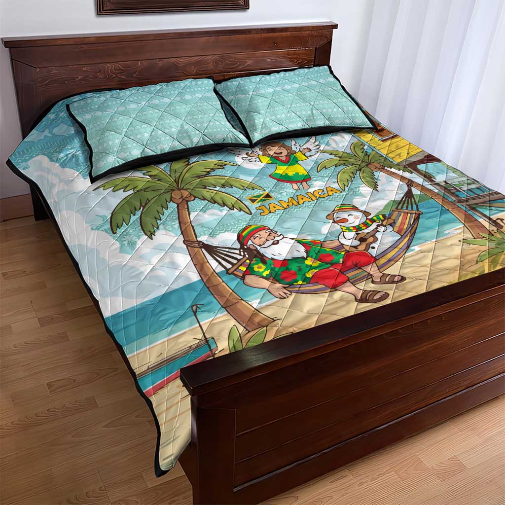 Jamaica Christmas Quilt Bed Set Rasta Santa Snowman Hammock Angel Palm Trees and Tropical Beach - African Pride
