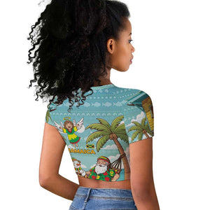 Jamaica Christmas Raglan Cropped T shirt Rasta Santa Snowman Hammock Angel Palm Trees and Tropical Beach - African Pride