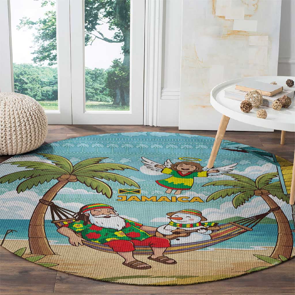 Jamaica Christmas Round Carpet Rasta Santa Snowman Hammock Angel Palm Trees and Tropical Beach - African Pride