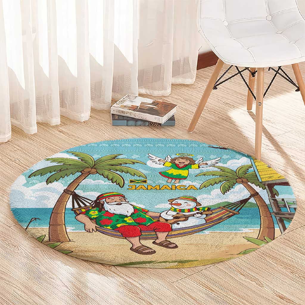 Jamaica Christmas Round Carpet Rasta Santa Snowman Hammock Angel Palm Trees and Tropical Beach - African Pride