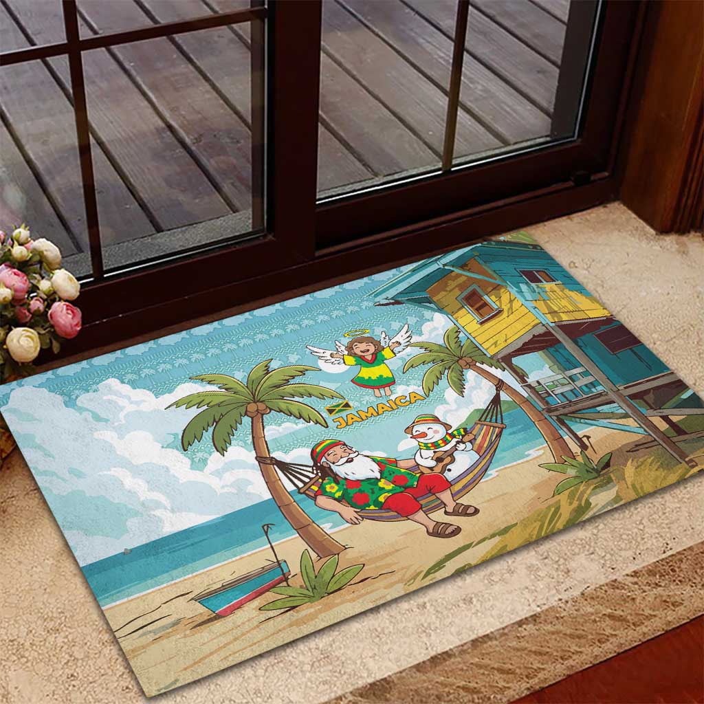 Jamaica Christmas Rubber Doormat Rasta Santa Snowman Hammock Angel Palm Trees and Tropical Beach - African Pride