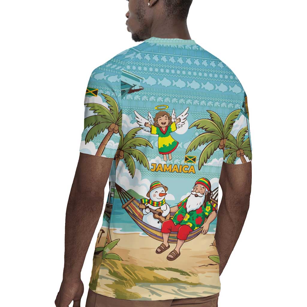 Jamaica Christmas Rugby Jersey Rasta Santa Snowman Hammock Angel Palm Trees and Tropical Beach - African Pride