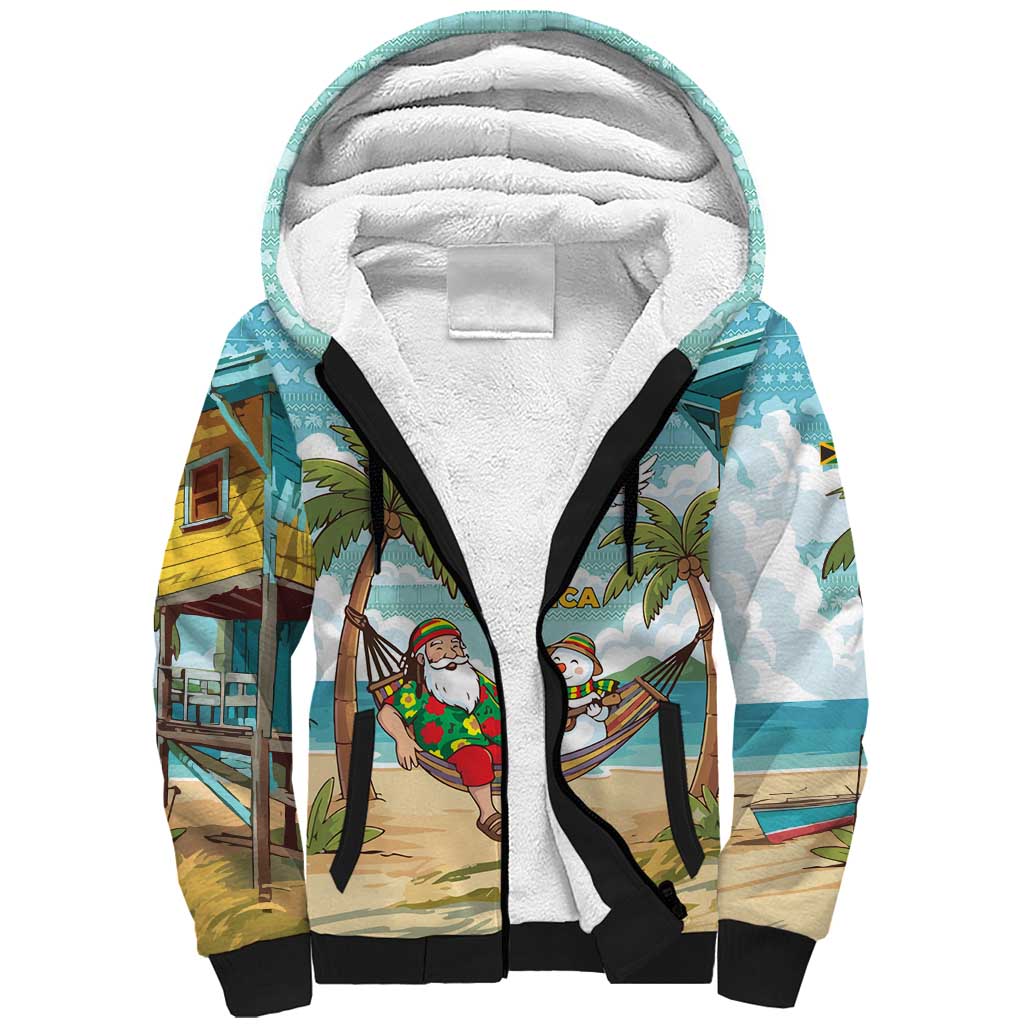 Jamaica Christmas Sherpa Hoodie Rasta Santa Snowman Hammock Angel Palm Trees and Tropical Beach - African Pride