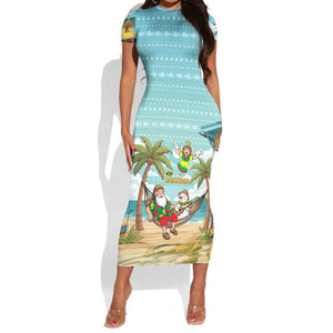 Jamaica Christmas Short Sleeve Bodycon Dress Rasta Santa Snowman Hammock Angel Palm Trees and Tropical Beach - African Pride