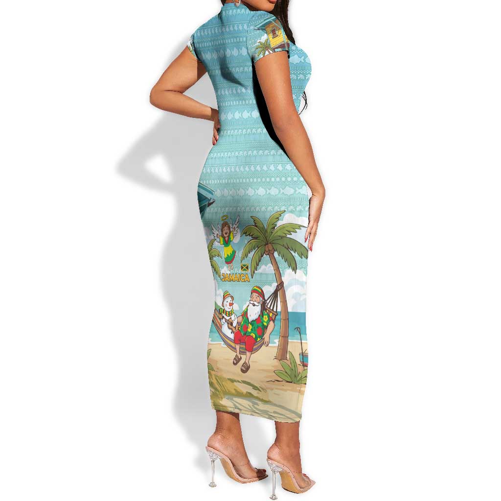 Jamaica Christmas Short Sleeve Bodycon Dress Rasta Santa Snowman Hammock Angel Palm Trees and Tropical Beach - African Pride