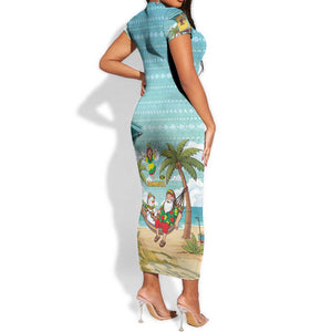 Jamaica Christmas Short Sleeve Bodycon Dress Rasta Santa Snowman Hammock Angel Palm Trees and Tropical Beach - African Pride