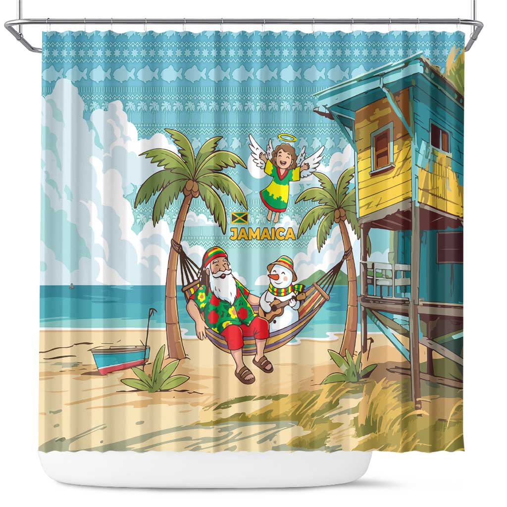 Jamaica Christmas Shower Curtain Rasta Santa Snowman Hammock Angel Palm Trees and Tropical Beach - African Pride