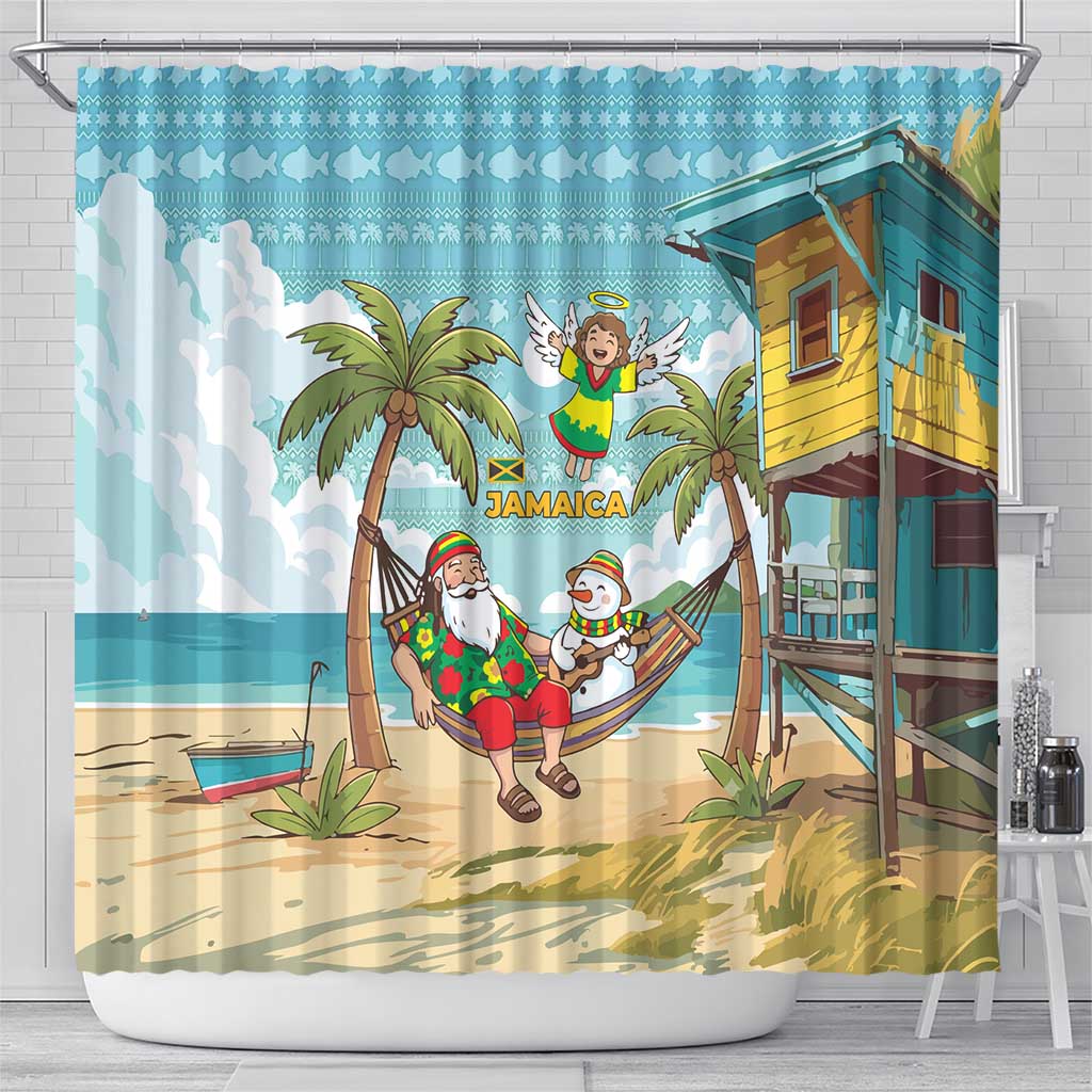 Jamaica Christmas Shower Curtain Rasta Santa Snowman Hammock Angel Palm Trees and Tropical Beach - African Pride