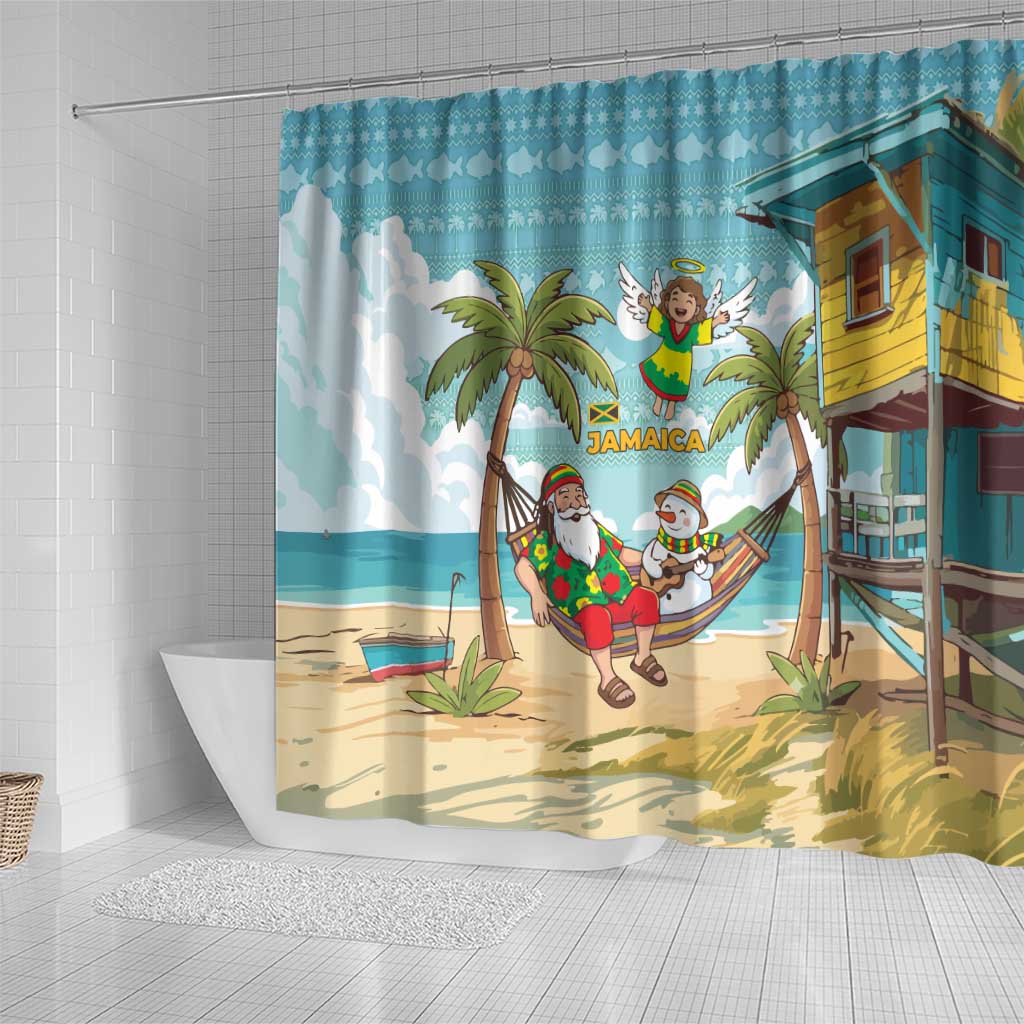 Jamaica Christmas Shower Curtain Rasta Santa Snowman Hammock Angel Palm Trees and Tropical Beach - African Pride