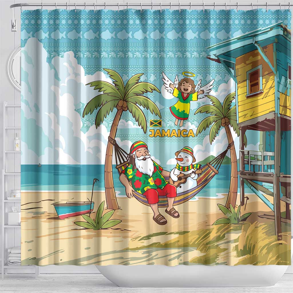 Jamaica Christmas Shower Curtain Rasta Santa Snowman Hammock Angel Palm Trees and Tropical Beach - African Pride