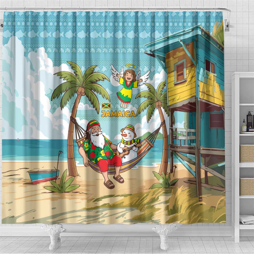 Jamaica Christmas Shower Curtain Rasta Santa Snowman Hammock Angel Palm Trees and Tropical Beach - African Pride