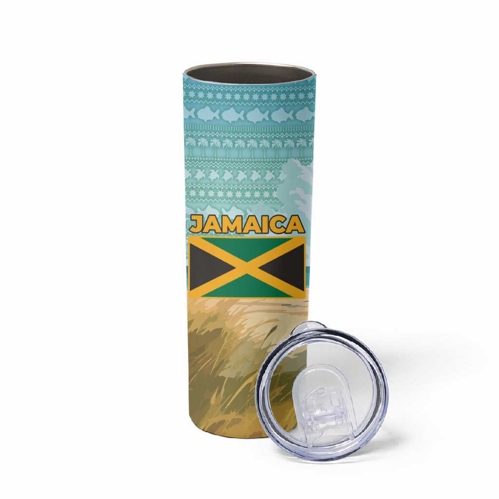 Jamaica Christmas Skinny Tumbler Rasta Santa Snowman Hammock Angel Palm Trees and Tropical Beach - African Pride