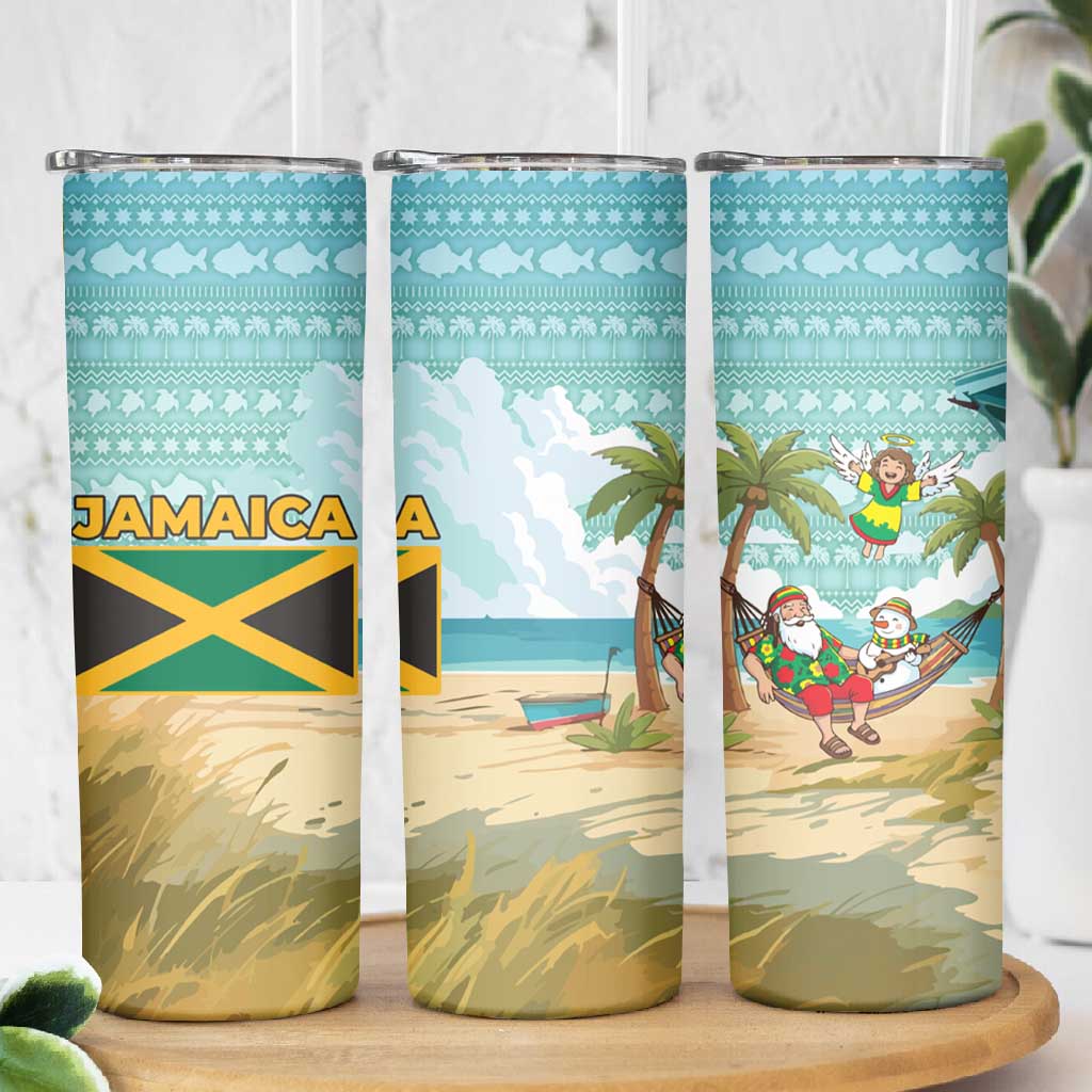 Jamaica Christmas Skinny Tumbler Rasta Santa Snowman Hammock Angel Palm Trees and Tropical Beach - African Pride