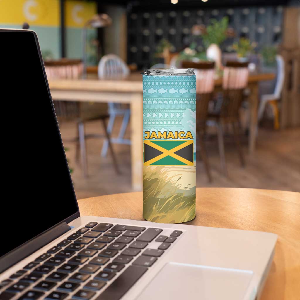 Jamaica Christmas Skinny Tumbler Rasta Santa Snowman Hammock Angel Palm Trees and Tropical Beach - African Pride