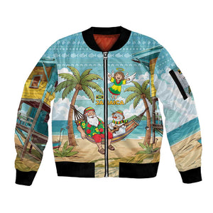 Jamaica Christmas Sleeve Zip Bomber Jacket Rasta Santa Snowman Hammock Angel Palm Trees and Tropical Beach - African Pride