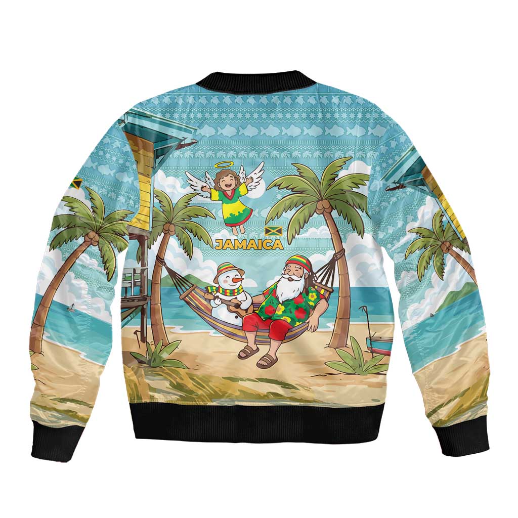 Jamaica Christmas Sleeve Zip Bomber Jacket Rasta Santa Snowman Hammock Angel Palm Trees and Tropical Beach - African Pride