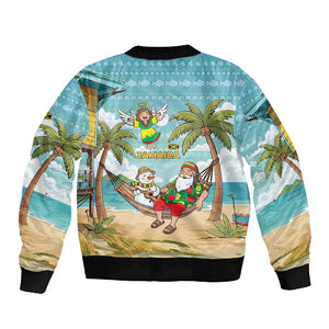 Jamaica Christmas Sleeve Zip Bomber Jacket Rasta Santa Snowman Hammock Angel Palm Trees and Tropical Beach - African Pride