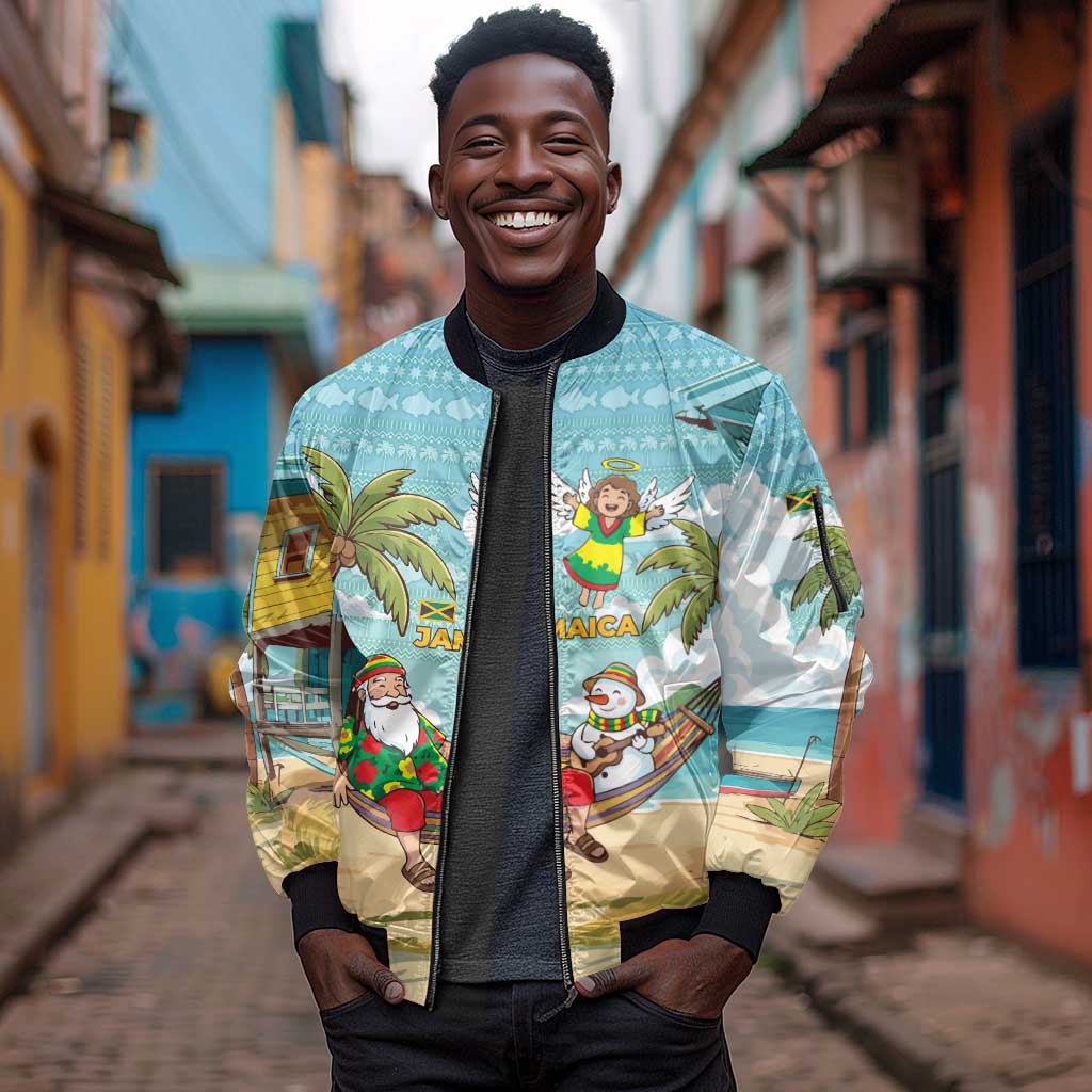 Jamaica Christmas Sleeve Zip Bomber Jacket Rasta Santa Snowman Hammock Angel Palm Trees and Tropical Beach - African Pride