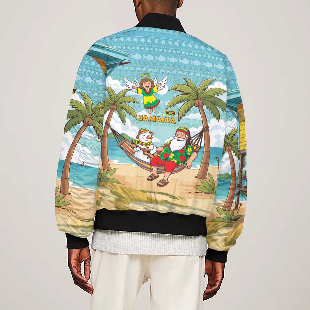 Jamaica Christmas Sleeve Zip Bomber Jacket Rasta Santa Snowman Hammock Angel Palm Trees and Tropical Beach - African Pride