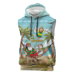 Jamaica Christmas Sleeveless Hoodie Rasta Santa Snowman Hammock Angel Palm Trees and Tropical Beach - African Pride
