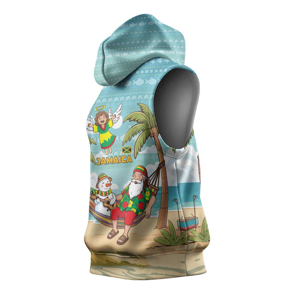 Jamaica Christmas Sleeveless Hoodie Rasta Santa Snowman Hammock Angel Palm Trees and Tropical Beach - African Pride