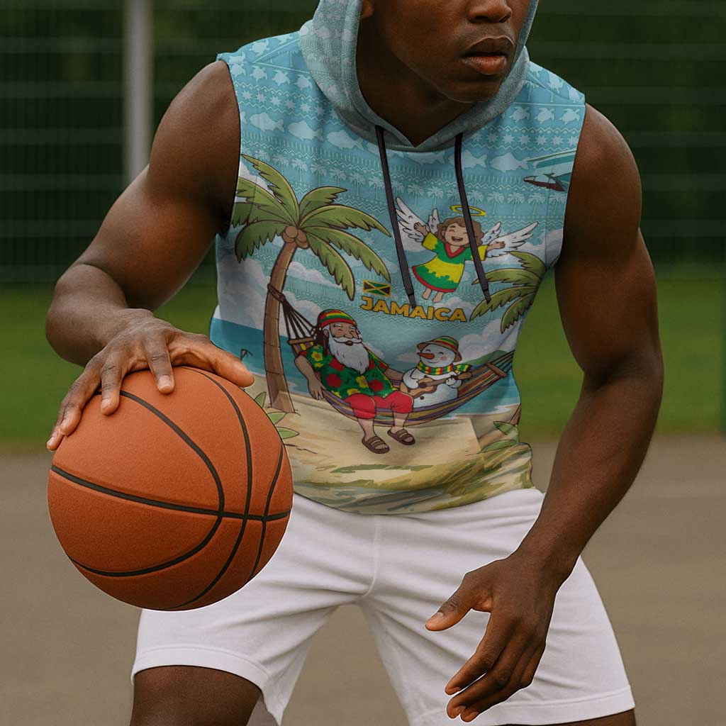 Jamaica Christmas Sleeveless Hoodie Rasta Santa Snowman Hammock Angel Palm Trees and Tropical Beach - African Pride