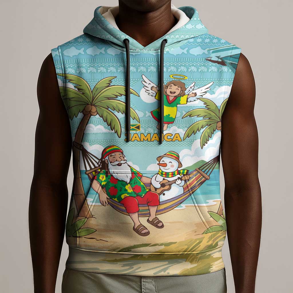 Jamaica Christmas Sleeveless Hoodie Rasta Santa Snowman Hammock Angel Palm Trees and Tropical Beach - African Pride