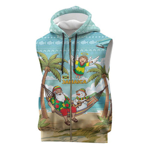 Jamaica Christmas Sleeveless Zip Hoodie Rasta Santa Snowman Hammock Angel Palm Trees and Tropical Beach - African Pride