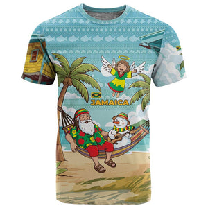 Jamaica Christmas T shirt Rasta Santa Snowman Hammock Angel Palm Trees and Tropical Beach - African Pride