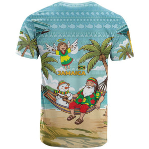 Jamaica Christmas T shirt Rasta Santa Snowman Hammock Angel Palm Trees and Tropical Beach - African Pride