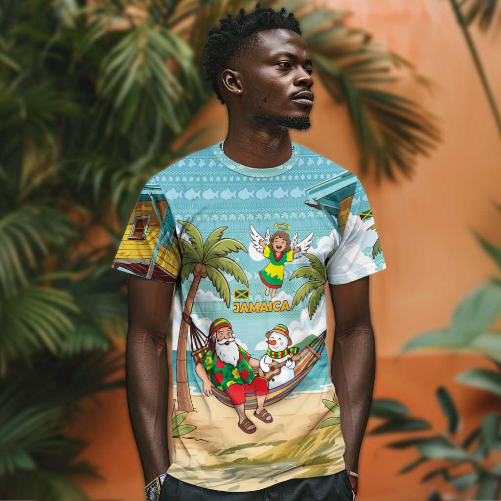 Jamaica Christmas T shirt Rasta Santa Snowman Hammock Angel Palm Trees and Tropical Beach - African Pride