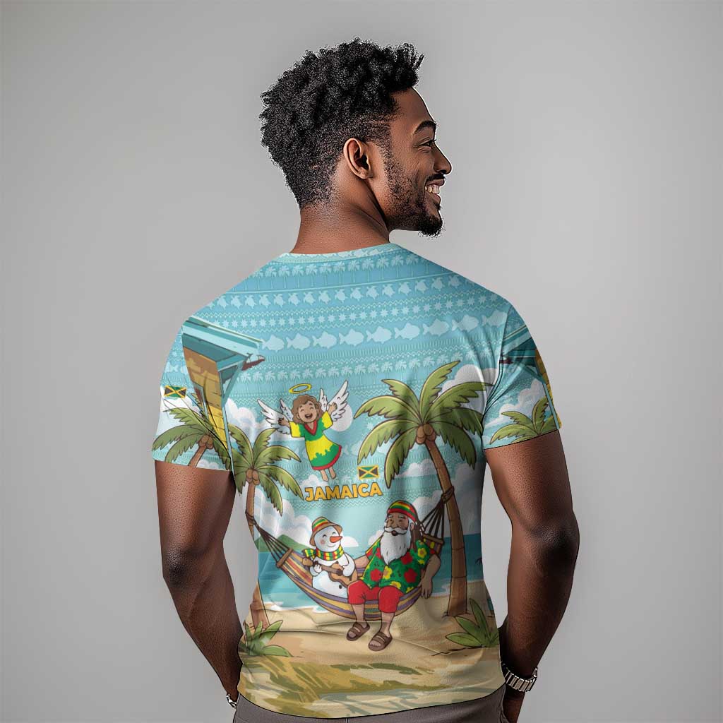 Jamaica Christmas T shirt Rasta Santa Snowman Hammock Angel Palm Trees and Tropical Beach - African Pride